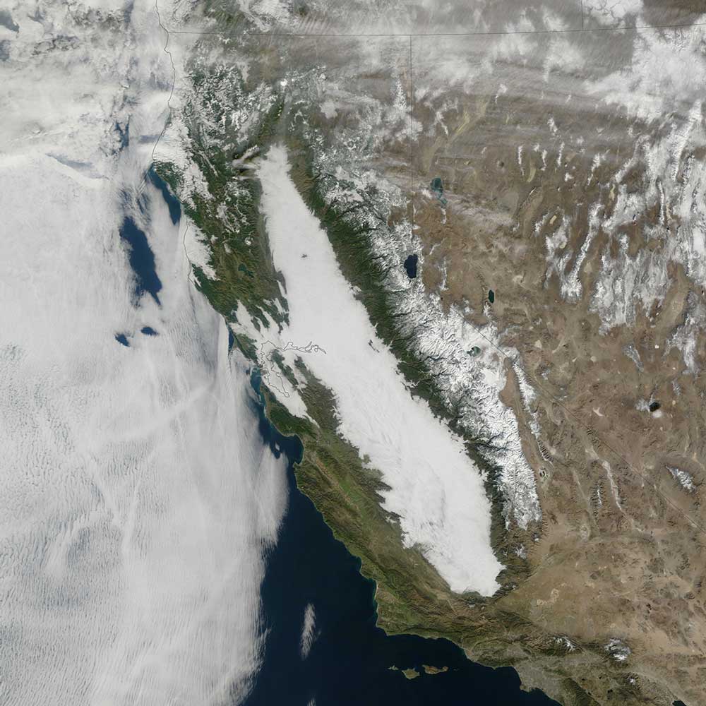 Tule fog fills California's Central Valley in a satellite image taken Jan. 17, 2011. Credit: NASA Earth Observatory image by Jesse Allen with data from the Land Atmosphere Near real-time Capability for EOS (LANCE).