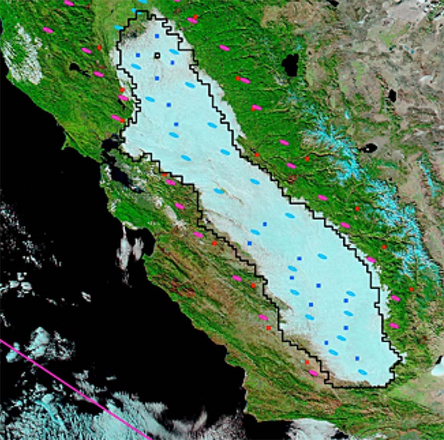 Tule fog fills the Central Valley of California on December 2, 2008. Blue squares and ellipses represent the pixels in the Central Valley that were evaluated in the Advanced Very High Resolution Radiometer (AVHRR) and Moderate Resolution Imaging Spectroradiometer (MODIS) products, respectively. Red squares and pink ellipses represent pixels outside the valley that serve as reference points to the AVHRR and MODIS products. Together, the squares and ellipses are used to determine if the scene is representative of a tule fog day for AVHRR and MODIS. The black polygon outlines the average extent of typical fog episodes in the Central Valley, as detected by AVHRR. (Courtesy D. Baldocchi and E. Waller, 2014, Geophysical Research Letters)