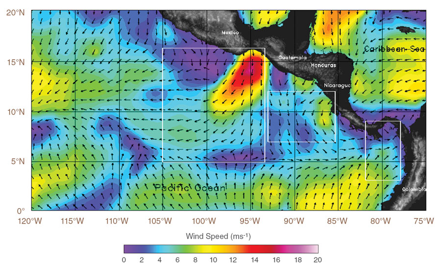 This image shows wind speed, in meters per second, and direction data over Central America for December 17, 2007 at 0600 Zulu time showing characteristics of a Tehuano wind. Arrows indicate wind direction, warm colors (yellow to magenta) indicate high wind speed and cooler colors (purple to green) indicate lower wind speed. The white squares mark the boundaries of three gap wind climatologies available in the Regional Air-Sea Interactions (RASI) data set: Tehuantepec, Papagayo, and Panama. (Courtesy NASA Global Hydrology Resource Center [GHRC])