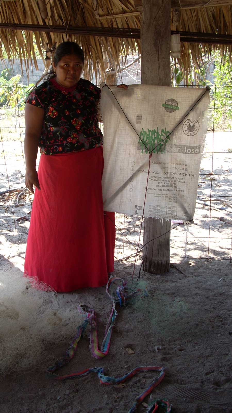 A villager stands alongside a fishing kite and nets. Using kites to fish during a Tehuano is a way of life for the people of San Mateo and Santa Maria del Mar in the Isthmus of Tehuantepec, Mexico. (Courtesy C. Ornelas)